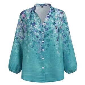 NWT Flamingo Blue Floral Print Stretch Button Up Shirt Women's Medium